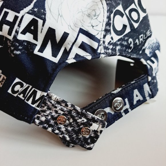 New Chanel 100% Cotton Coco Roses Print Cap Hat Navy Black White main image 13